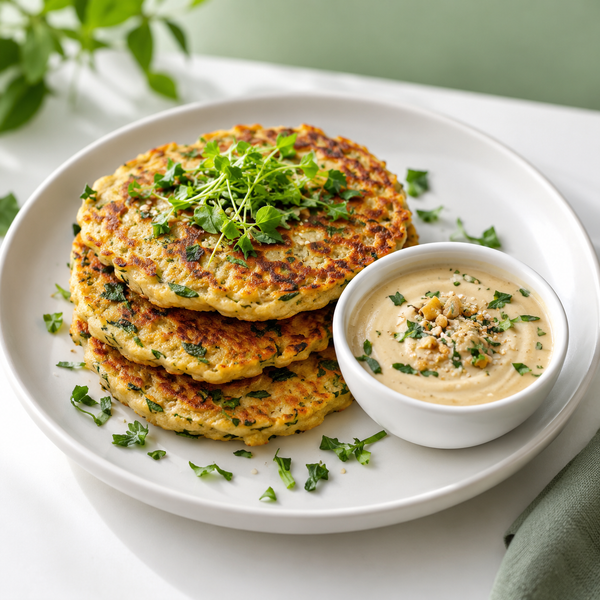 AI-generated vegan meal preview: Chickpea & Tofu Pancakes with Cashew-Tahini Sauce