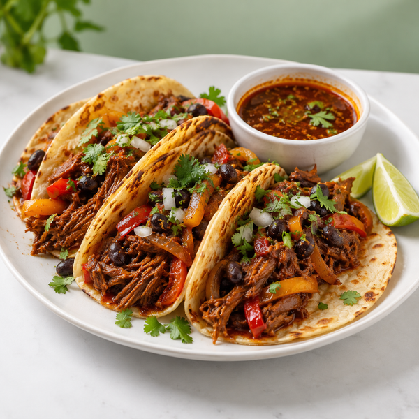 AI-generated vegan meal preview: Mexican Birria-Style Tacos