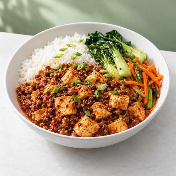 AI-generated vegan meal preview: Szechuan Mapo Tofu